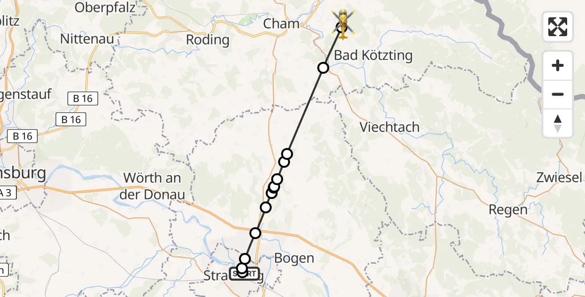Flugroute Rettungshubschrauber Sankt Elisabeth Hospital Straubing - Runding, 30 März 2026, 14:11