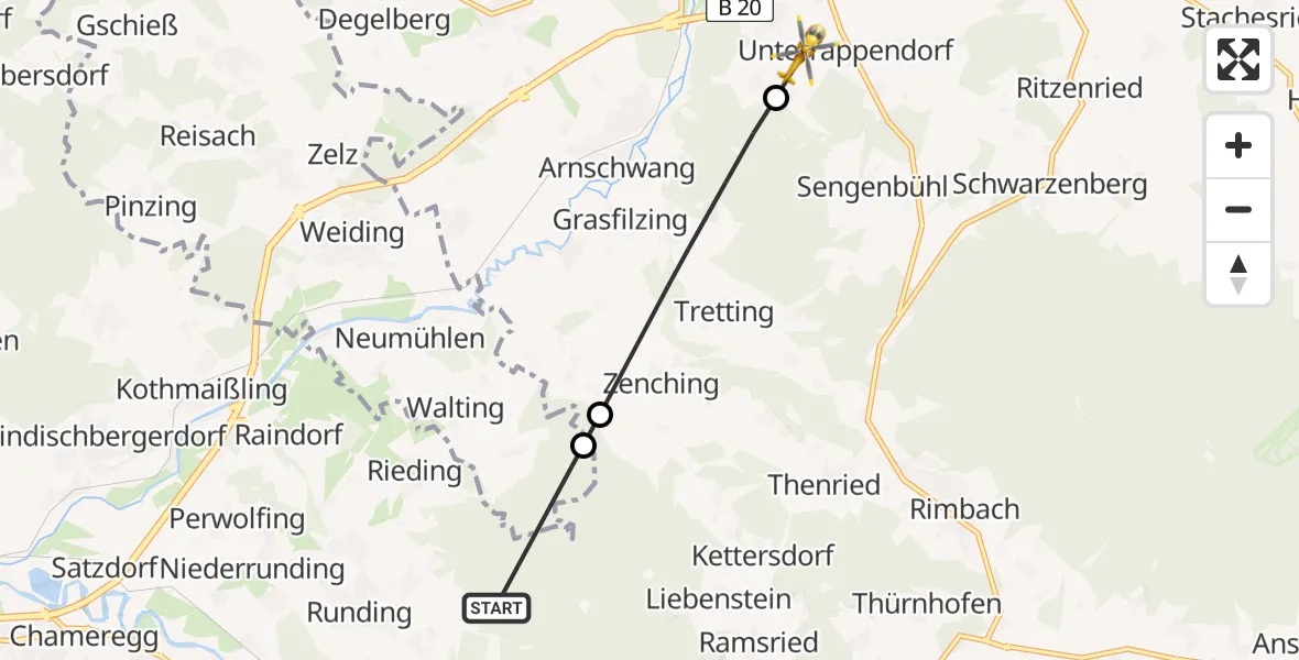 Routekaart van de vlucht: Rettungshubschrauber nach Furth im Wald