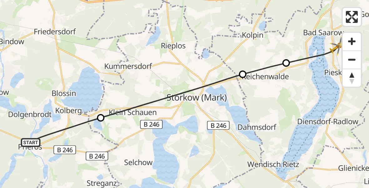 Flugroute Rettungshubschrauber Heidesee - Bad Saarow, 30 März 2026, 14:25