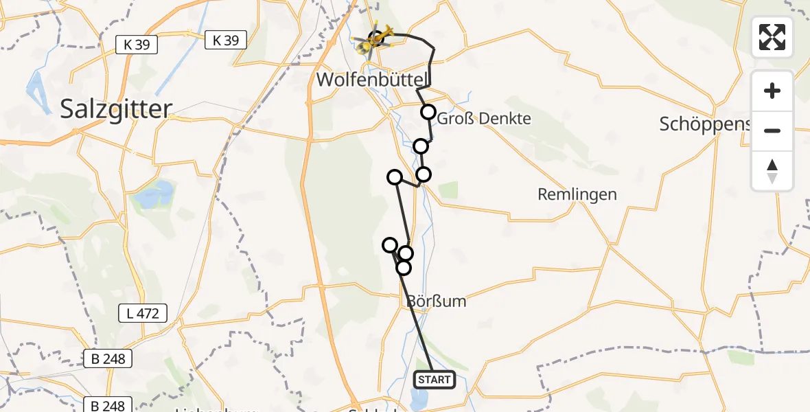 Flugroute Rettungshubschrauber Schladen-Werla - Wolfenbüttel Municipal Hospital Heliport (Christoph 30), 30 März 2026, 14:34