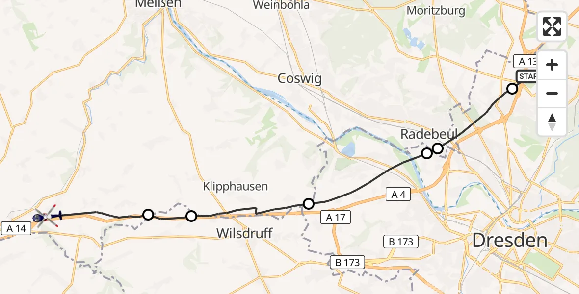 Routekaart van de vlucht: Polizeihubschrauber nach Klipphausen, A 4
