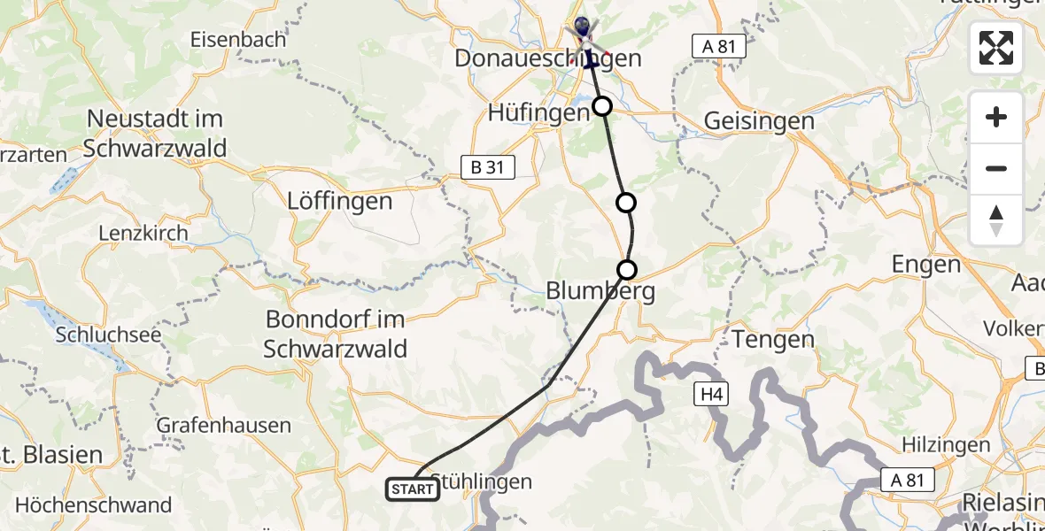 Routekaart van de vlucht: Polizeihubschrauber nach Donaueschingen, K 5701