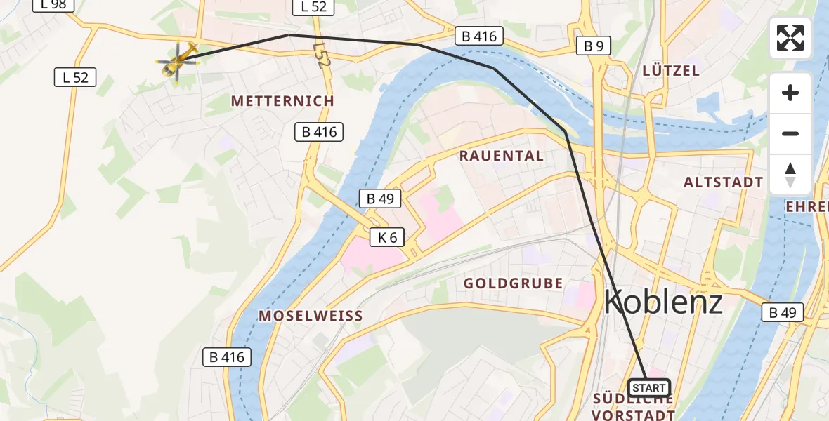 Flugroute Rettungshubschrauber Koblenz - Koblenz, 30 März 2026, 14:57