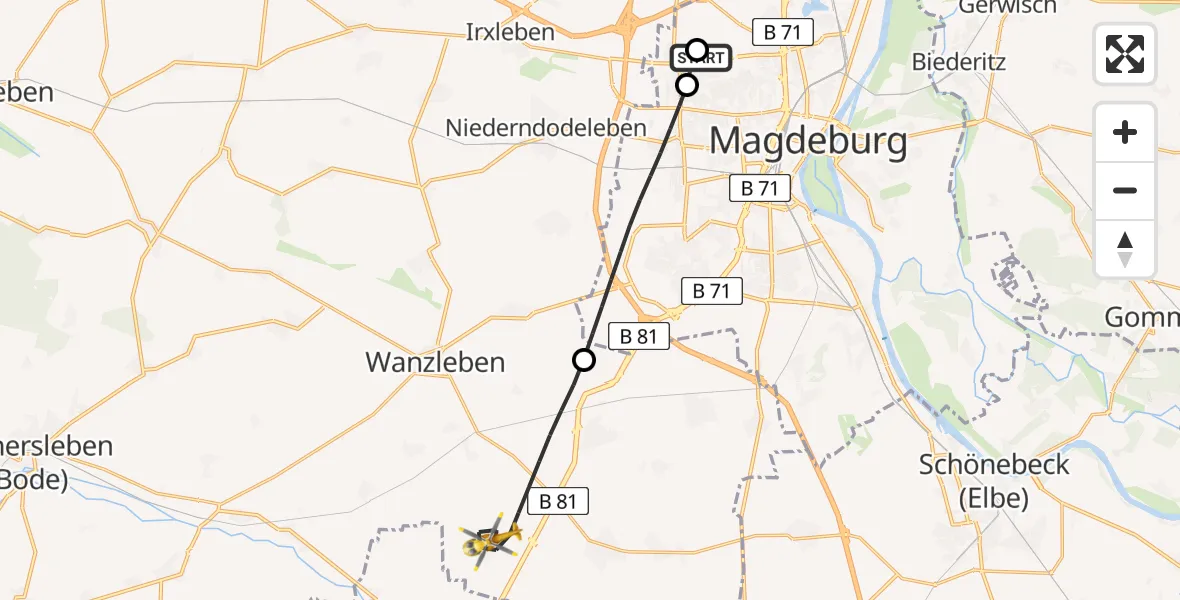 Flugroute Rettungshubschrauber Magdeburg Hospital - Sülzetal, 30 März 2026, 15:00