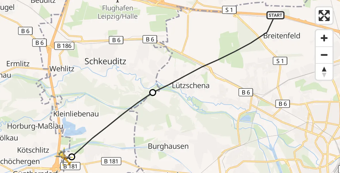Flugroute Rettungshubschrauber Leipzig - ADAC Air Rescue Station Leipzig/Schkeuditz-Dölzig Hubschrauberlandeplatz (Christoph 61), 30 März 2026, 15:12