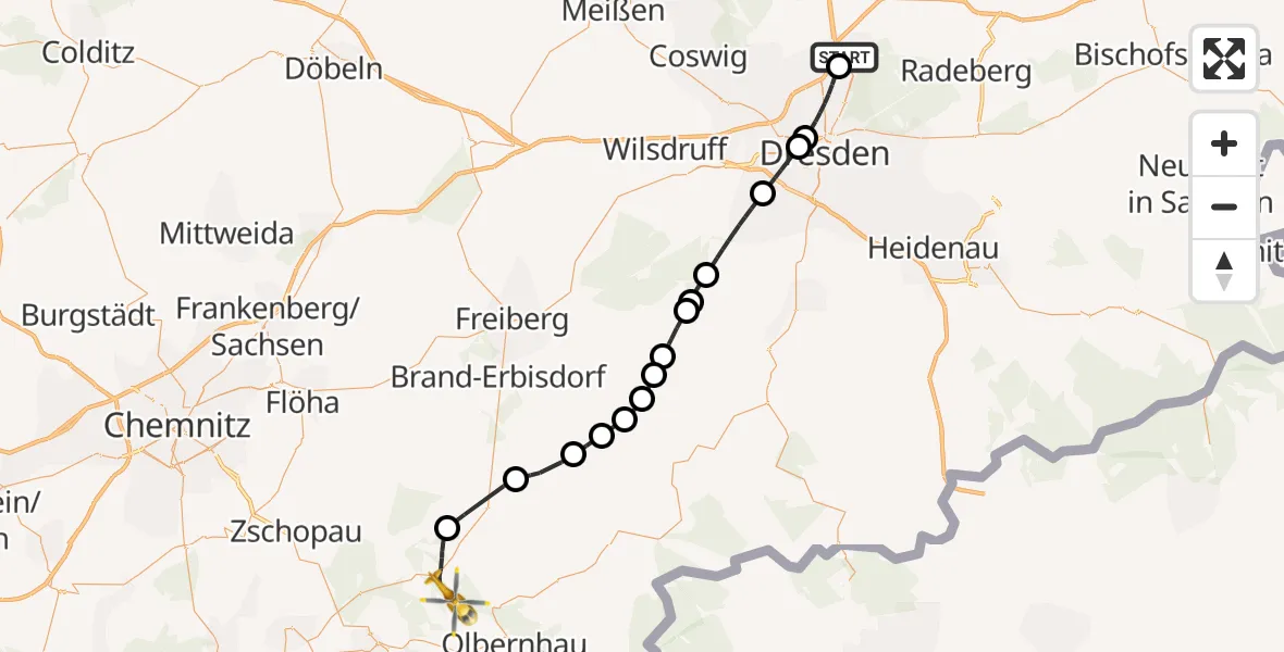 Flugroute Rettungshubschrauber Dresden Flughafen - Pockau-Lengefeld, 30 März 2026, 15:15