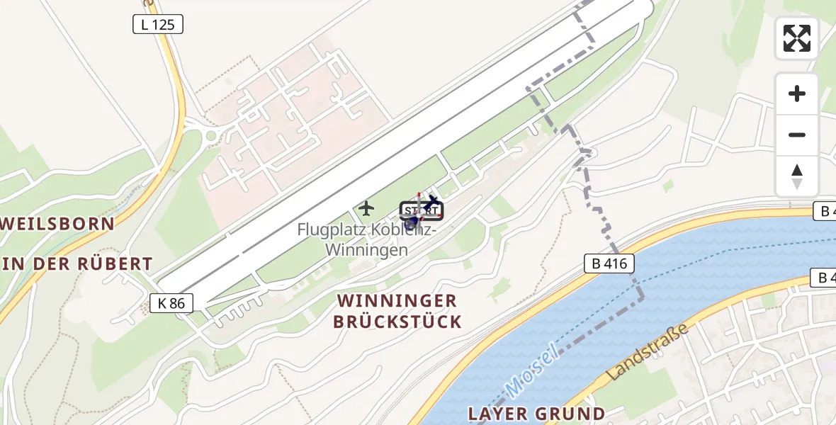 Flugroute Polizeihubschrauber Koblenz-Winningen Flugplatz - Koblenz-Winningen Flugplatz, 30 März 2026, 15:20