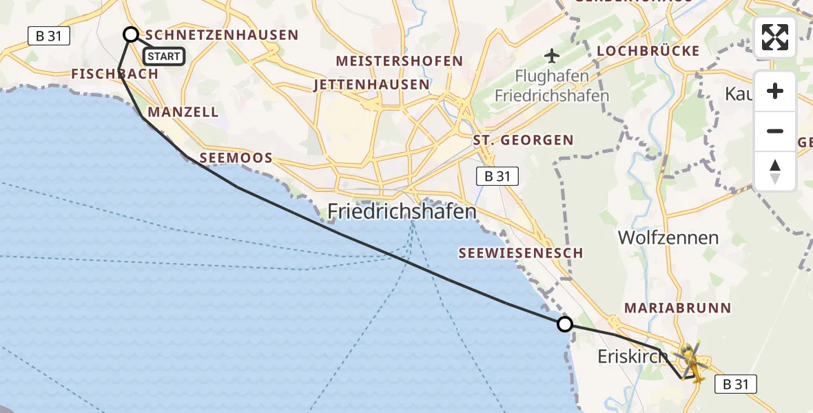 Flugroute Rettungshubschrauber Friedrichshafen Hospital - Eriskirch, 30 März 2026, 15:21