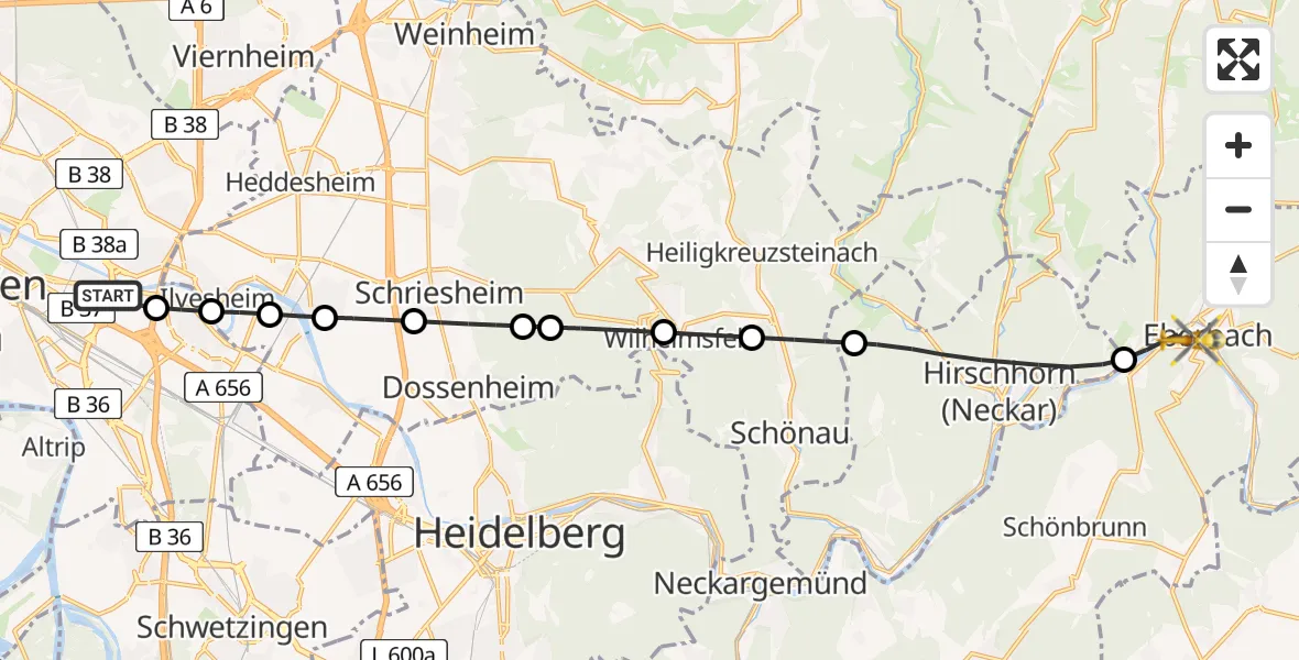 Flugroute Rettungshubschrauber Mannheim-City Flughafen - Eberbach, 30 März 2026, 15:23