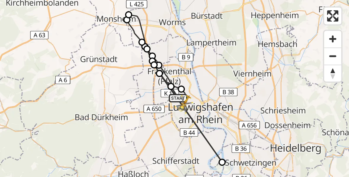 Flugroute Rettungshubschrauber Ludwigshafen am Rhein - Ludwigshafen Accident Hospital Hubschrauberlandeplatz, 30 März 2026, 15:26