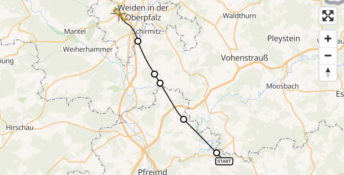 Routekaart van de vlucht: Rettungshubschrauber nach Weiden i.d.OPf., St 2166