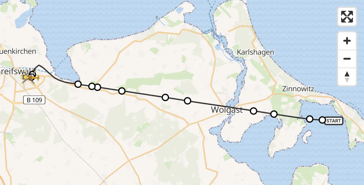 Routekaart van de vlucht: Rettungshubschrauber nach Greifswald Hospital