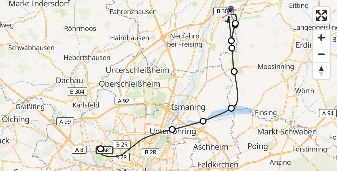 Routekaart van de vlucht: Polizeihubschrauber nach München Flughafen