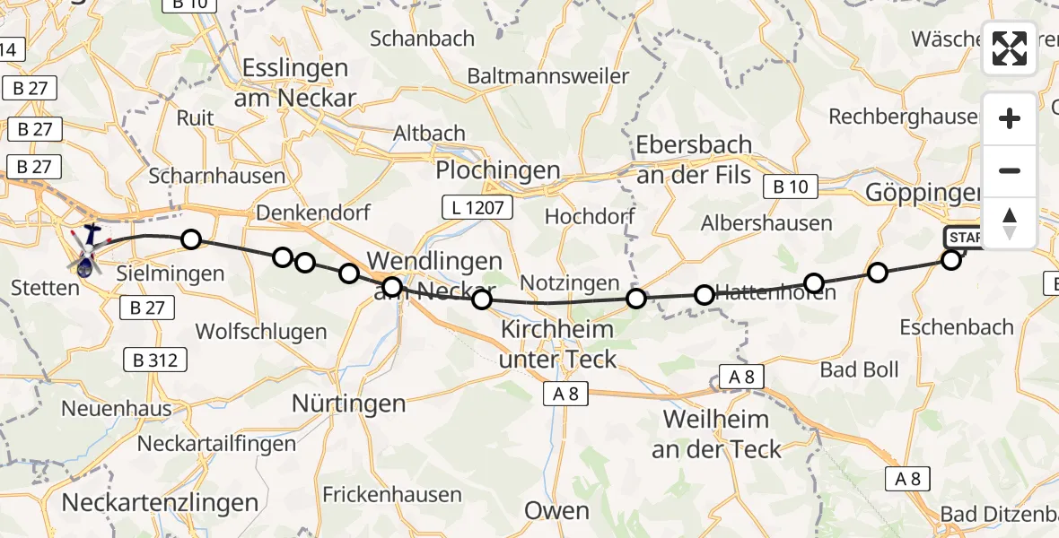 Routekaart van de vlucht: Polizeihubschrauber nach Flughafen Stuttgart