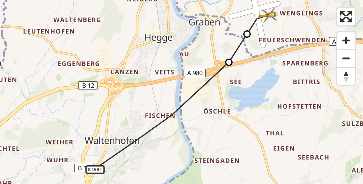 Routekaart van de vlucht: Rettungshubschrauber nach Kempten-Durach Flugplatz