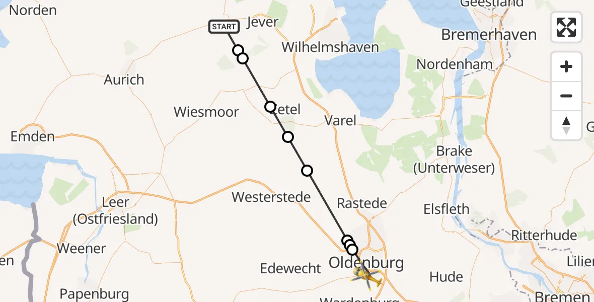 Flugroute Rettungshubschrauber Wittmund - Oldenburg (Oldb), 30 März 2026, 16:11