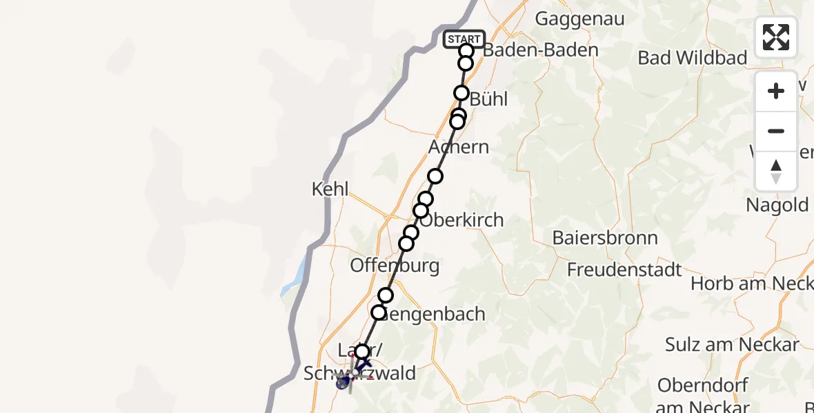 Flugroute Polizeihubschrauber Karlsruhe Baden-Baden Flughafen - Lahr/Schwarzwald, 30 März 2026, 16:12