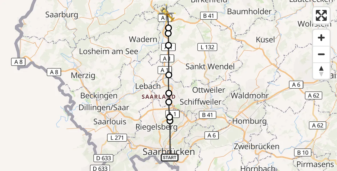 Flugroute Rettungshubschrauber Saarbrücken - Nonnweiler, 30 März 2026, 16:15