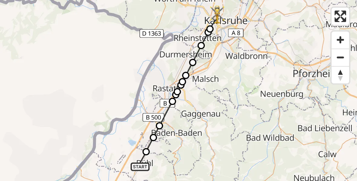 Routekaart van de vlucht: Rettungshubschrauber nach Karlsruhe, Franz-Lust-Straße