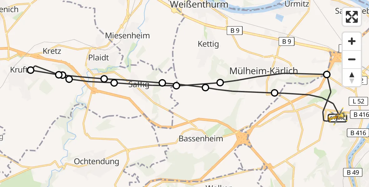 Flugroute Rettungshubschrauber Koblenz - Koblenz, 30 März 2026, 16:18