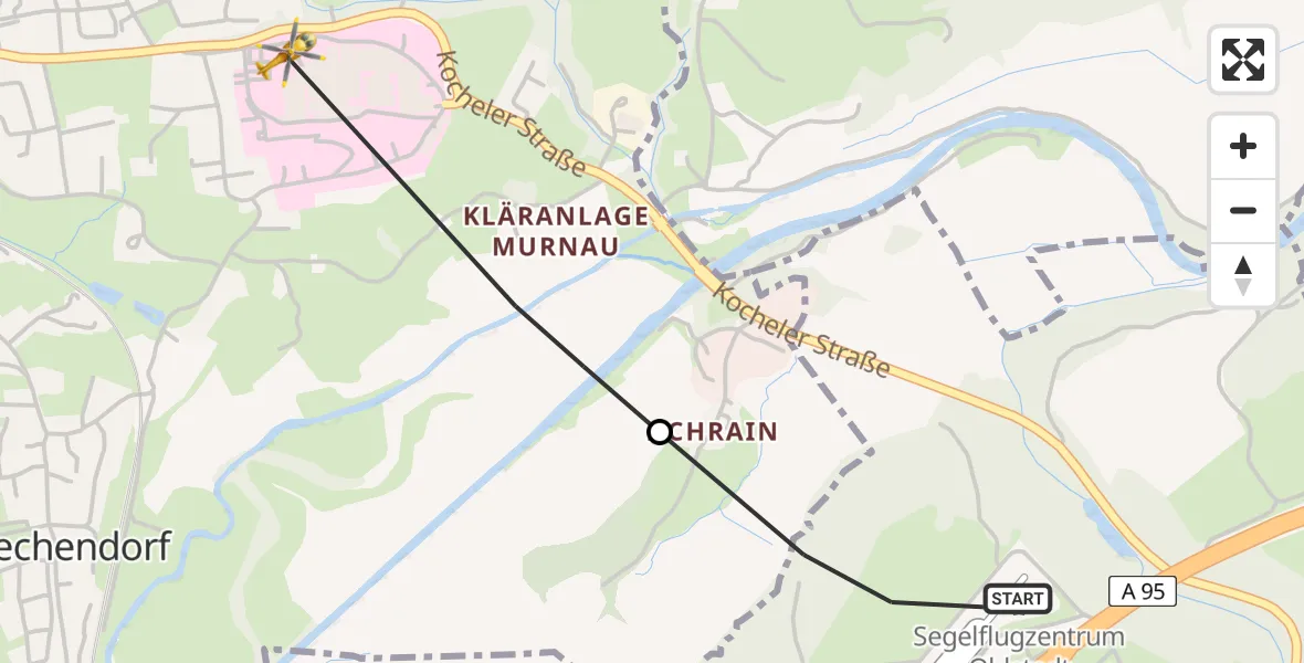 Flugroute Rettungshubschrauber Ohlstadt Flugplatz - Murnau Accident Hospital, 30 März 2026, 16:27