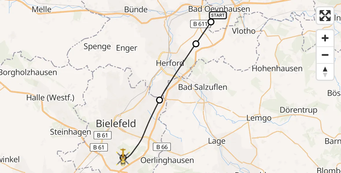 Flugroute Rettungshubschrauber Bad Oeynhausen - Bielefeld Flughafen, 30 März 2026, 16:29