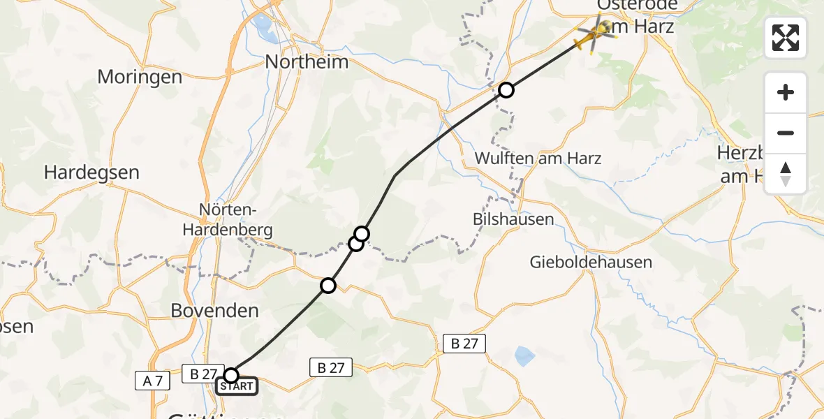 Routekaart van de vlucht: Rettungshubschrauber nach Osterode am Harz