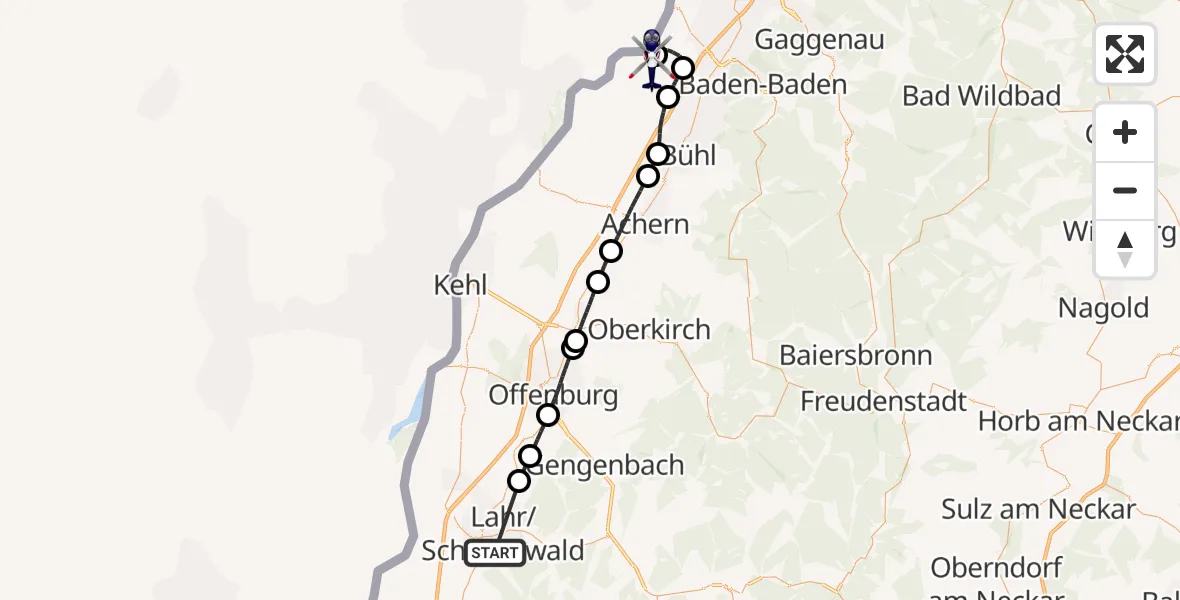 Routekaart van de vlucht: Polizeihubschrauber nach Karlsruhe Baden-Baden Flughafen