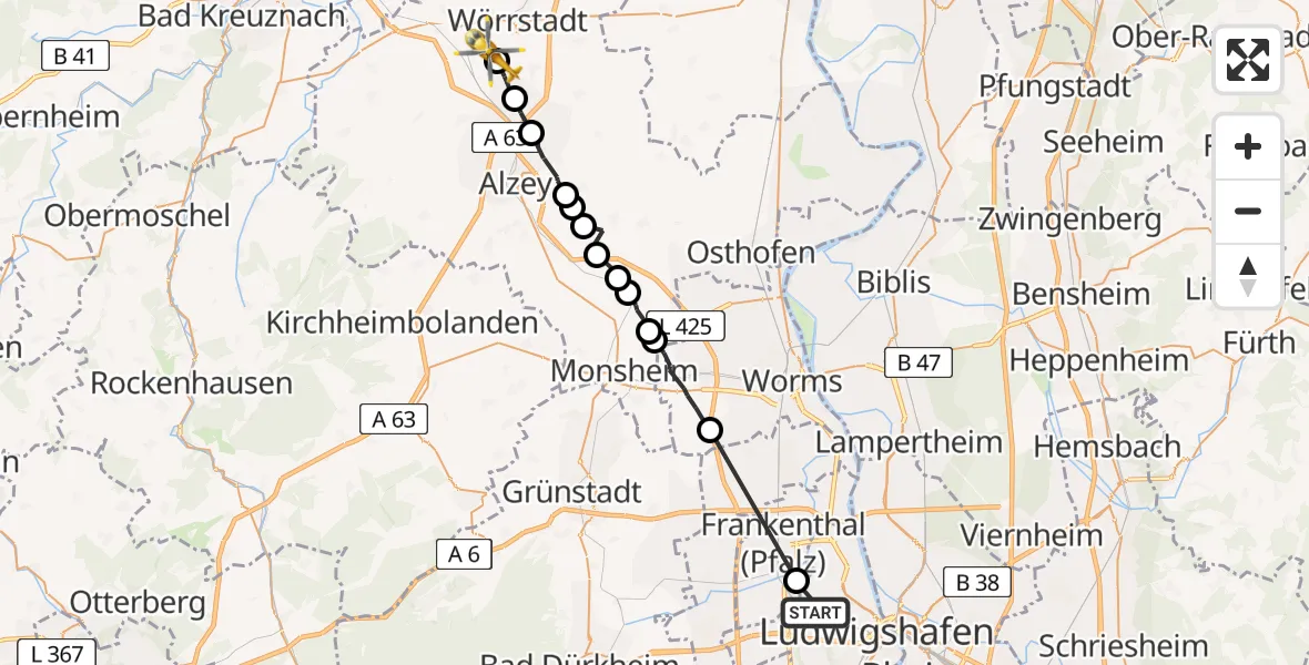 Flugroute Rettungshubschrauber Ludwigshafen am Rhein - Wörrstadt, 30 März 2026, 16:47