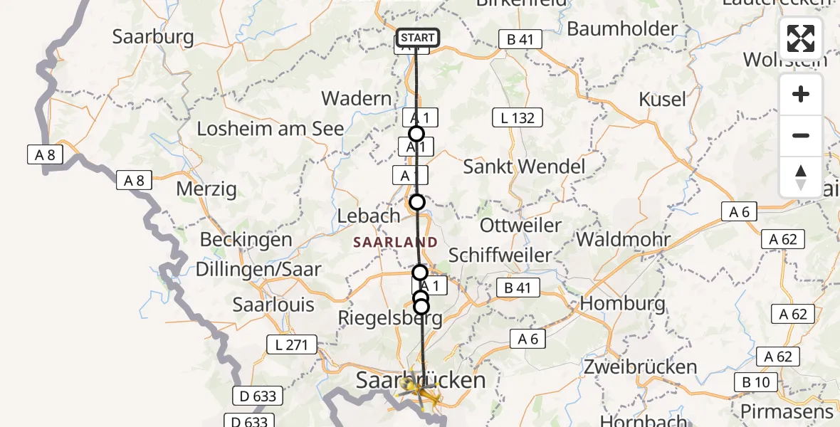 Routekaart van de vlucht: Rettungshubschrauber nach Saarbrücken, Winterberg