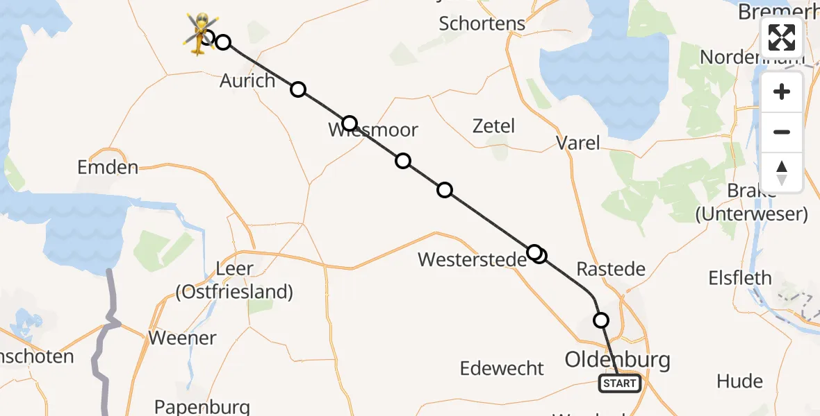 Flugroute Rettungshubschrauber Oldenburg (Oldb) - Südbrookmerland, 30 März 2026, 16:57