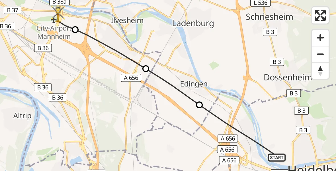 Flugroute Rettungshubschrauber Heidelberg - Mannheim-City Flughafen, 30 März 2026, 17:03