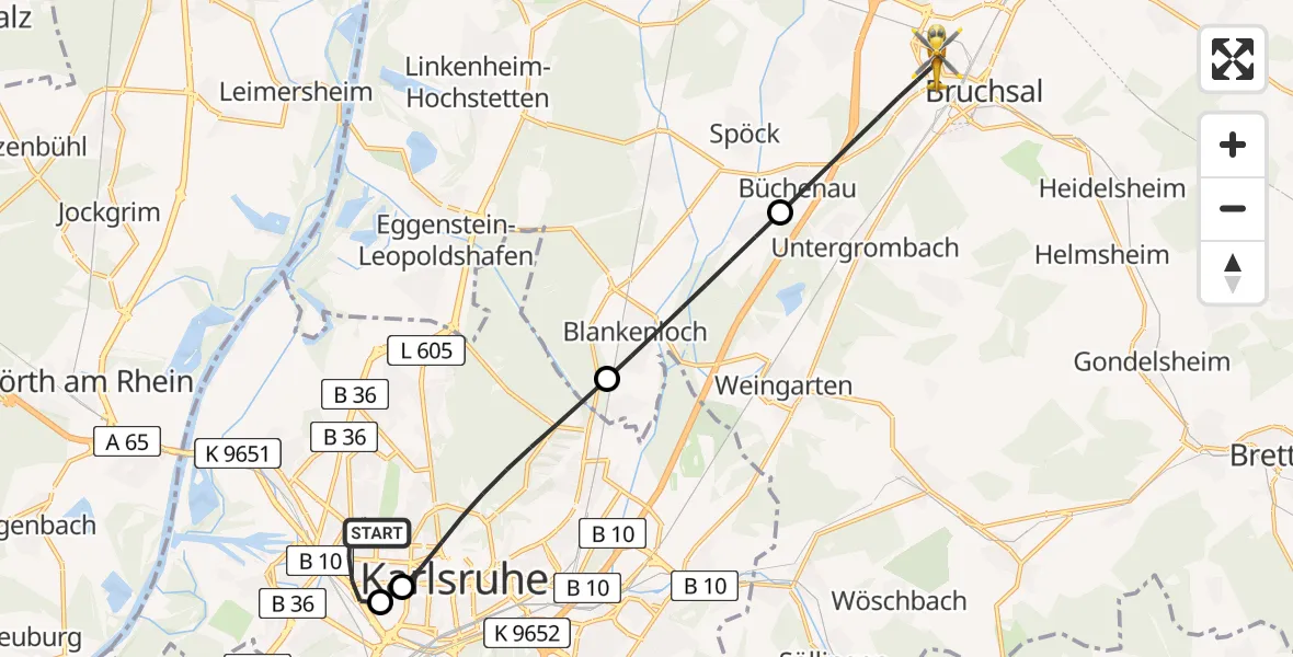 Flugroute Rettungshubschrauber Karlsruhe - Bruchsal, 30 März 2026, 17:03