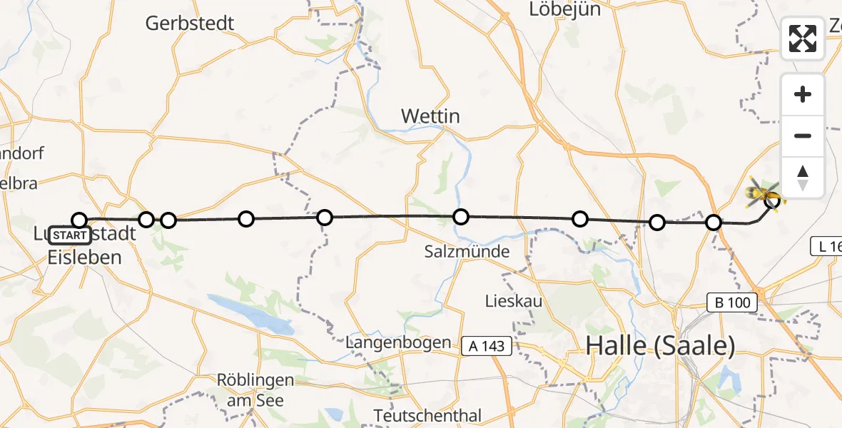 Routekaart van de vlucht: Rettungshubschrauber nach Halle-Oppin Flugplatz