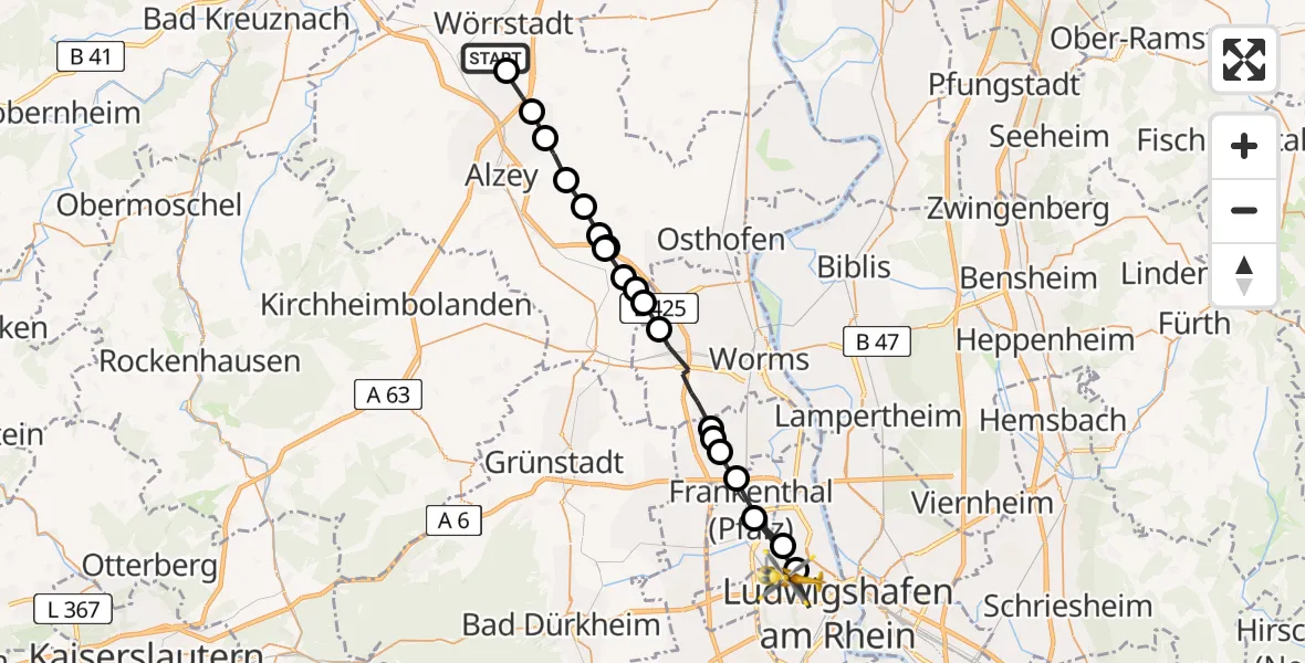 Routekaart van de vlucht: Rettungshubschrauber nach Ludwigshafen am Rhein, Sternstraße