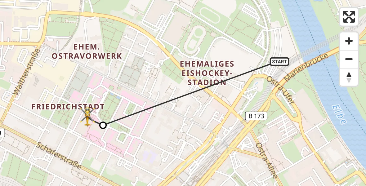 Flugroute Rettungshubschrauber Dresden - Dresden Friedrichstadt Hospital, 30 März 2026, 17:47
