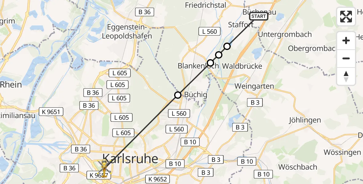 Flugroute Rettungshubschrauber Bruchsal - Sankt Vincentius Hospital, 30 März 2026, 17:47