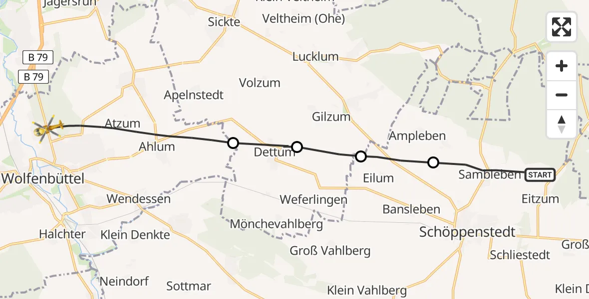 Routekaart van de vlucht: Rettungshubschrauber nach Wolfenbüttel Municipal Hospital Hubschrauberlandeplatz (Christoph 30)