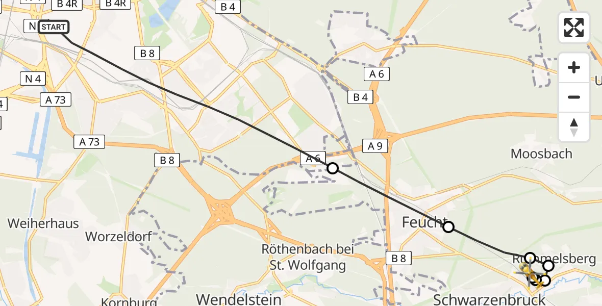 Routekaart van de vlucht: Rettungshubschrauber nach Schwarzenbruck, Am Bahndamm