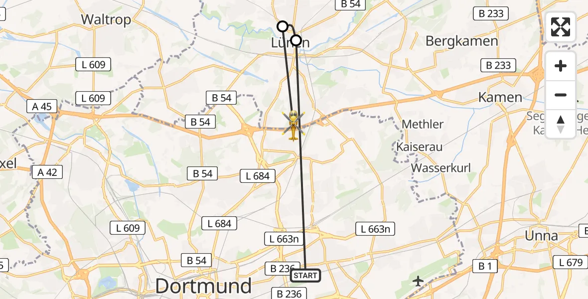 Routekaart van de vlucht: Rettungshubschrauber nach Lünen, Derner Straße
