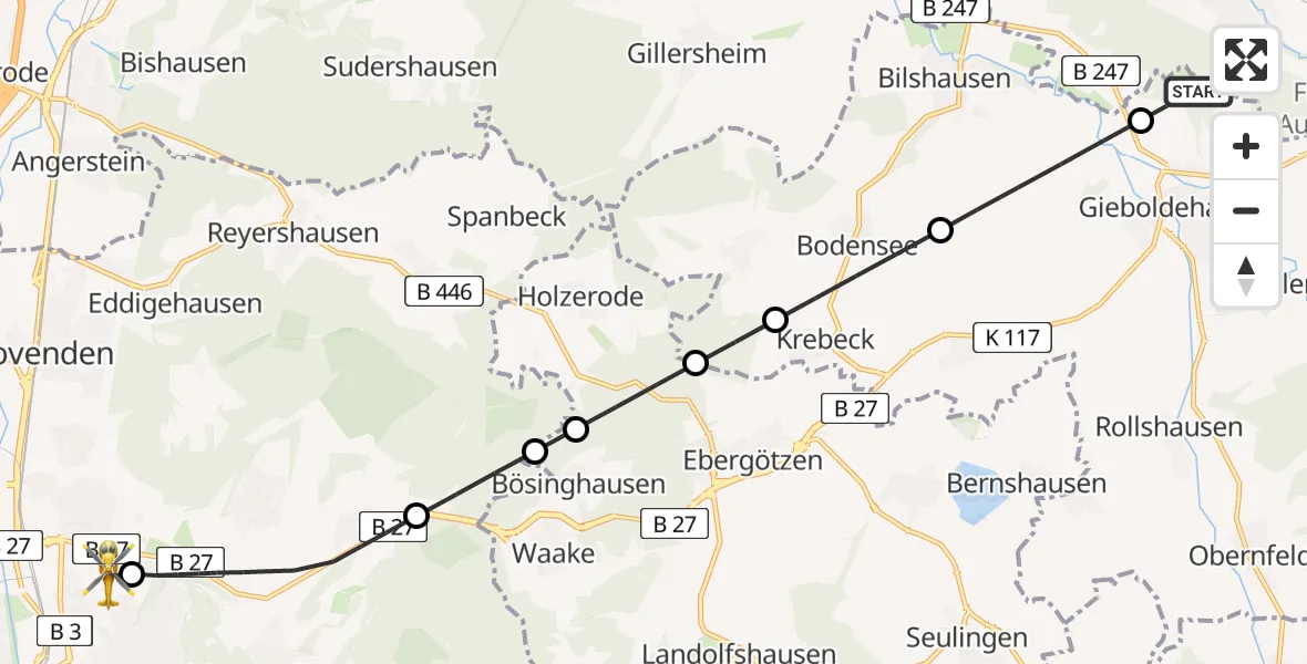 Routekaart van de vlucht: Rettungshubschrauber nach Göttingen University Clinic Hubschrauberlandeplatz