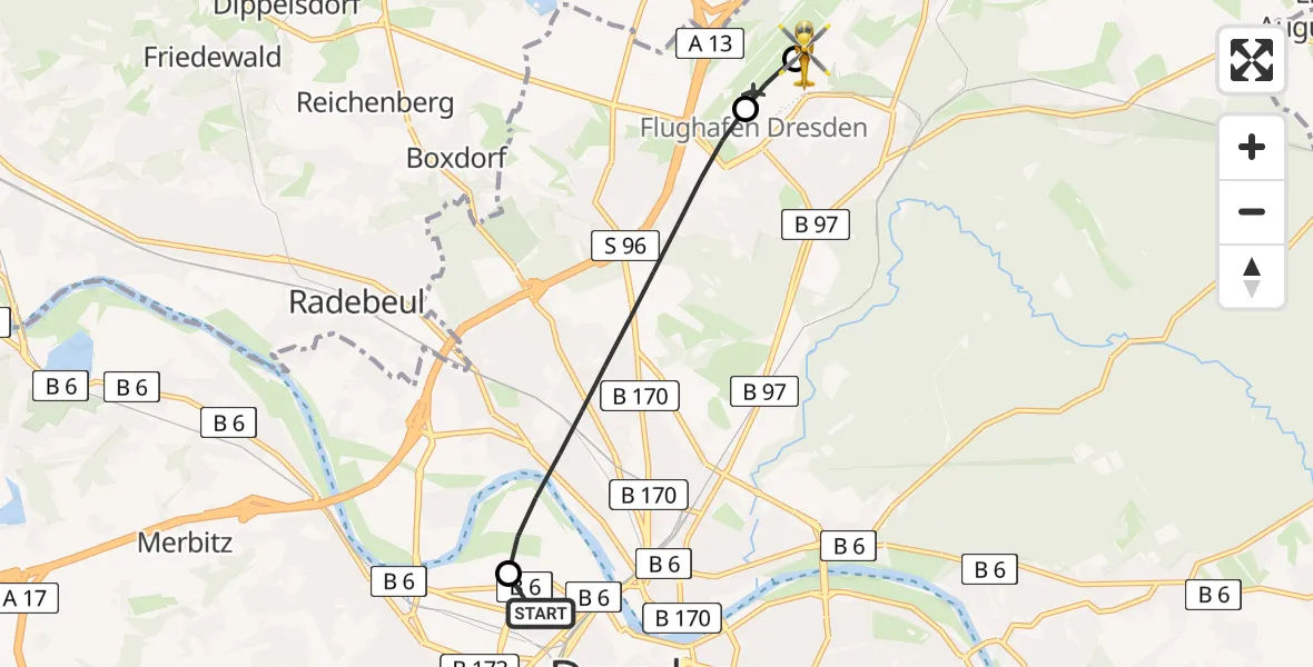 Routekaart van de vlucht: Rettungshubschrauber nach Dresden Bundespolizei Hubschrauberlandeplatz