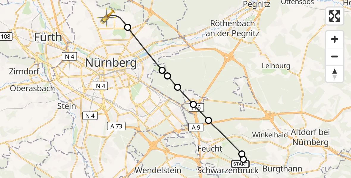 Routekaart van de vlucht: Rettungshubschrauber nach Flughafen Nuremberg