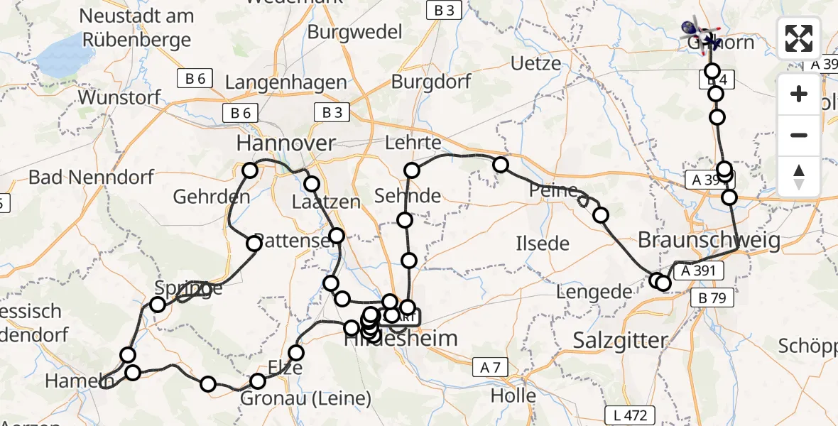 Routekaart van de vlucht: Polizeihubschrauber nach Gifhorn Bundespolizei Hubschrauberlandeplatz