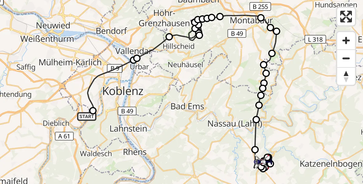 Flugroute Polizeihubschrauber Koblenz-Winningen Flugplatz - Singhofen Flugplatz, 30 März 2026, 19:02
