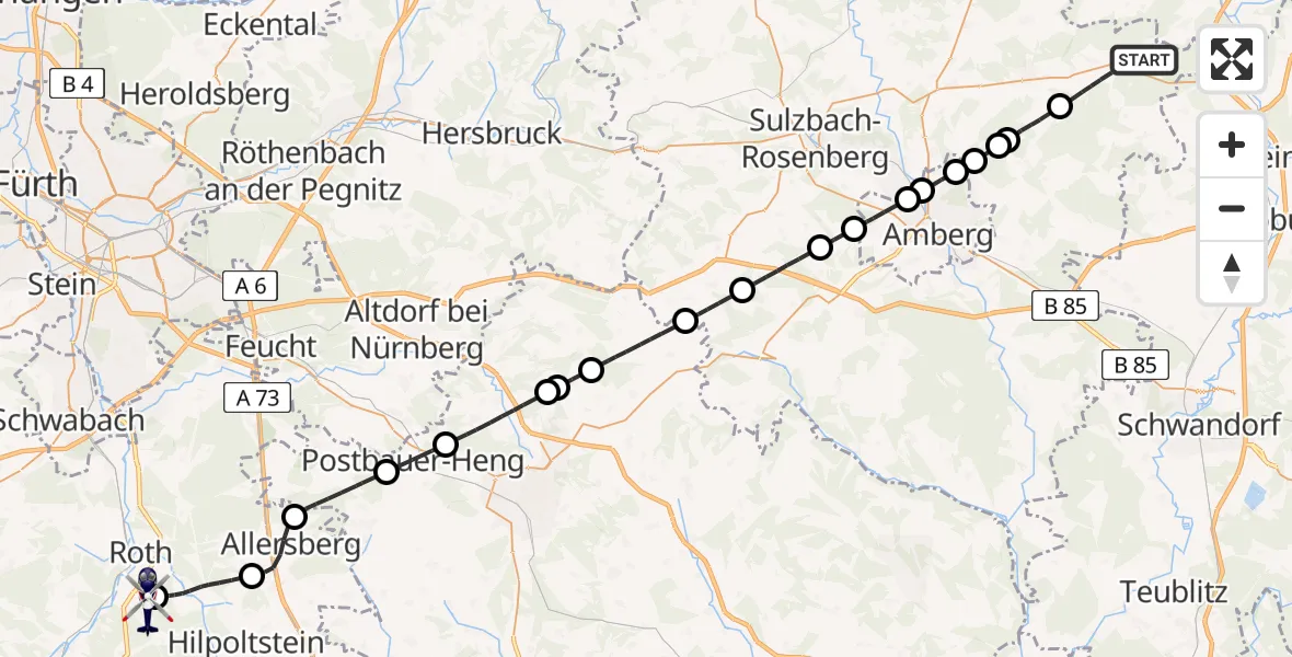 Routekaart van de vlucht: Polizeihubschrauber nach Flugplatz Roth