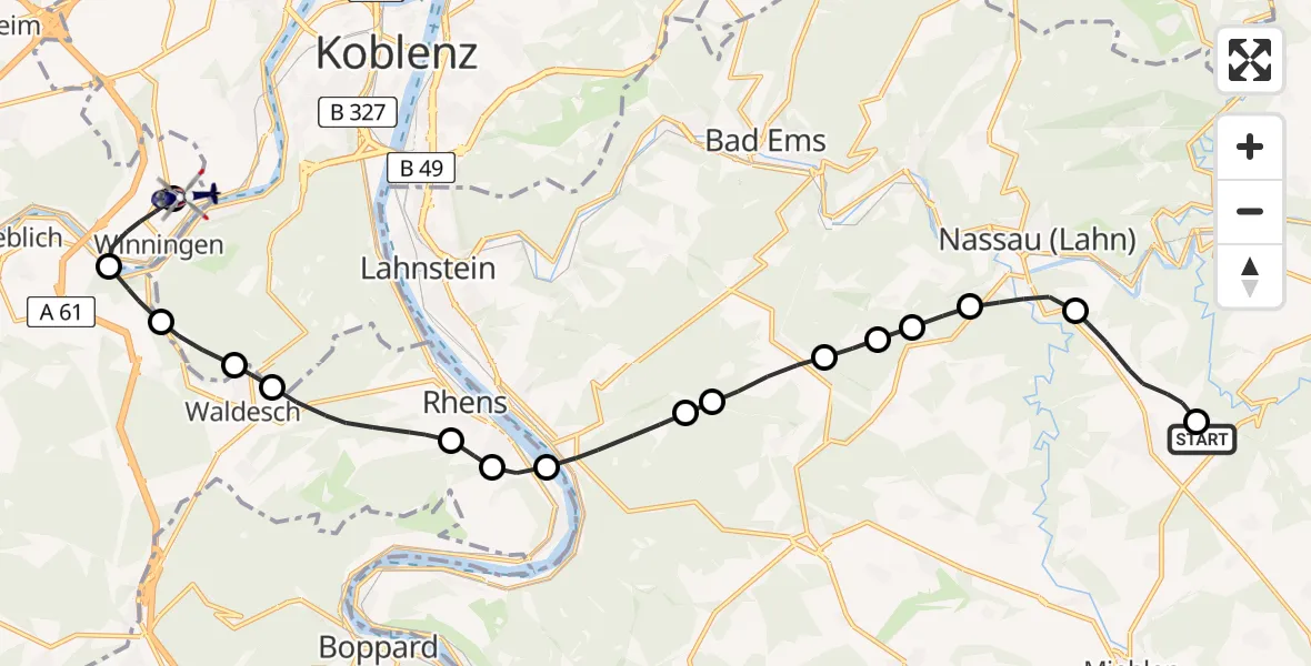 Routekaart van de vlucht: Polizeihubschrauber nach Koblenz-Winningen Flugplatz
