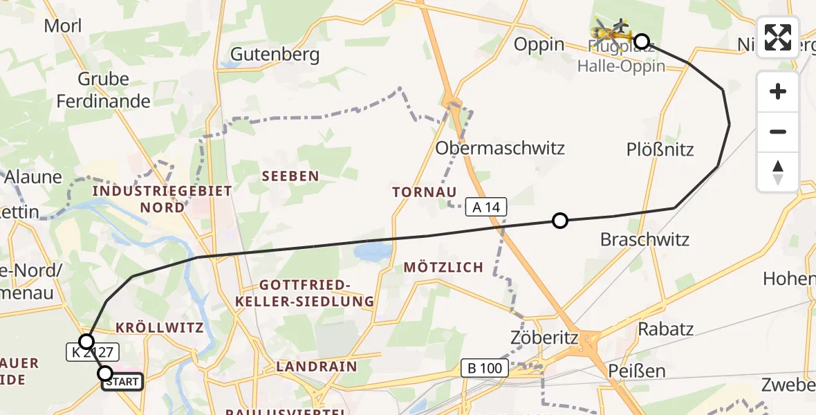 Flugroute Ambulanzhubschrauber Halle (Saale) University Hospital - Halle-Oppin Flugplatz, 30 März 2026, 20:06