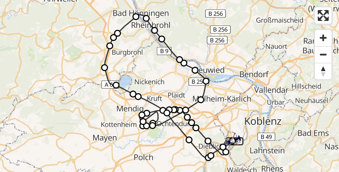 Flugroute Polizeihubschrauber Koblenz-Winningen Flugplatz - Koblenz-Winningen Flugplatz, 30 März 2026, 20:33