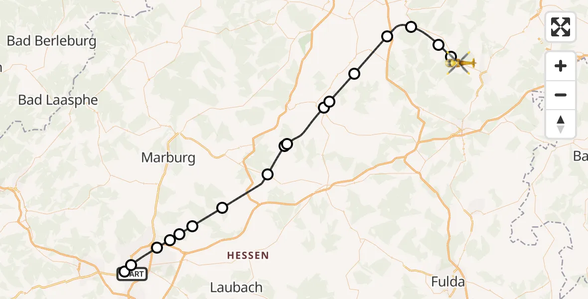 Flugroute Rettungshubschrauber Gießen - Rotenburg a.d.Fulda, 30 März 2026, 20:57